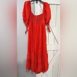 Free People Orange Red Boho Tie Sleeve Adjustable Scoop Back Dress Medium